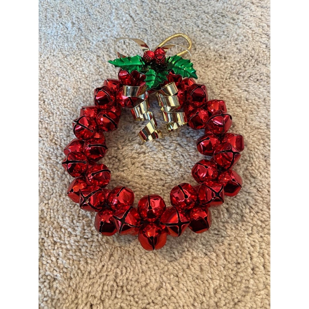 Vintage Red Jingle Bell Christmas Wreath Ornament with Holly and‎ Ribbon Festive